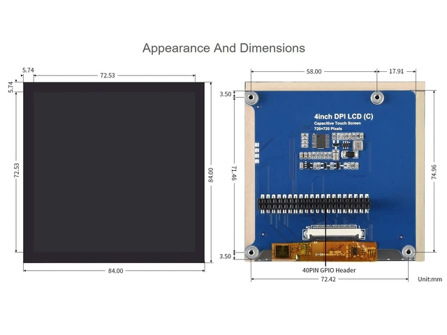 Alt view image 6 of 6 - waveshare 4inch Square Capacitive Touch Screen LCD Compatible with Raspberry Pi 4B/3B+/3B/2B/B+/A+/Zero/Zero W/WH/Zero 2W 720×720 Resolution DPI IPS Toughened Glass Cover Low Power Solution