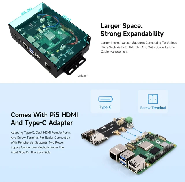 Alt view image 5 of 7 - waveshare M.2 NVME PCIE Case for Raspberry Pi 5, with 2X HDMI Ports, Support 2X 4K Video Output/Efficient Cooling, Aluminum Alloy Case, with PCIe to M.2 Board, Support PCIe Extending to M.2 Interface