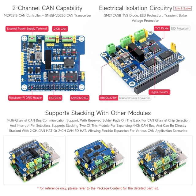 Alt view image 7 of 7 - Waveshare 2-Channel Isolated CAN Bus Expansion HAT, Compatible with Raspberry Pi 5/4B/3B/Zero/Zero W/Zero 2W/Pico/Pico W/Pico WH, Dual Chips Solution, Built-in Multi Protections
