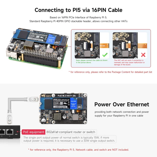 Alt view image 6 of 7 - waveshare PCIe to M.2 Adapter with PoE Function HAT+ (B), Compatible with Raspberry Pi 5, Supports POE NVMe Drive Protocol 2230/2242 / 2260/2280 M.2 Solid State Drive, High-Speed Reading/Writing