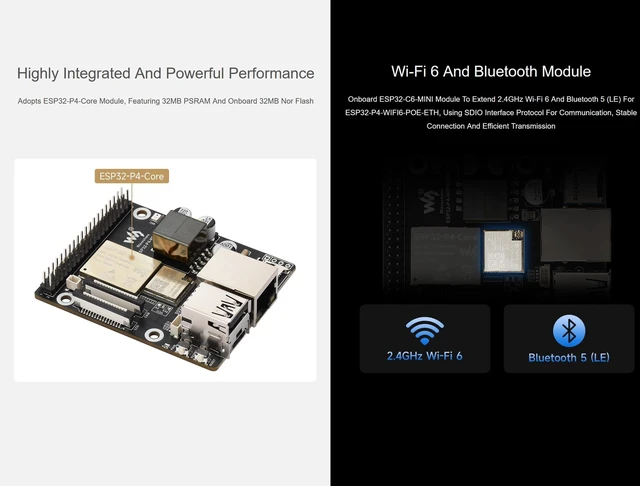 Alt view image 3 of 7 - waveshare ESP32-P4-WIFI6-POE-ETH Development Board Kit Based on ESP32-P4 and ESP32-C6, Integrated PoE Module, Supports Wi-Fi 6 and Bluetooth 5, with MIPI-CSI/DSI, USB OTG 2.0, Ethernet Port, etc.