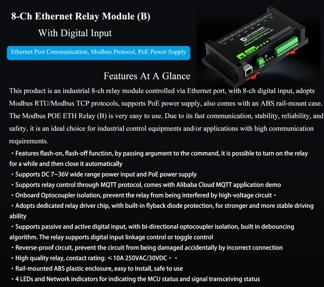 Alt view image 2 of 7 - 8-CH Ethernet Relay Module (B) with Digital Input, Modbus RTU/Modbus TCP Protocol, Support DC 7~36V Wide Range Power Input and PoE Power Supply, with Various Isolation and Protection Circuits