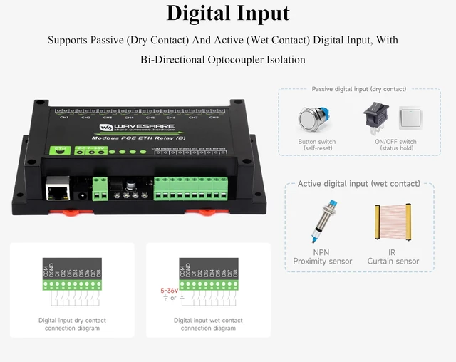 Alt view image 5 of 7 - 8-CH Ethernet Relay Module (B) with Digital Input, Modbus RTU/Modbus TCP Protocol, Support DC 7~36V Wide Range Power Input and PoE Power Supply, with Various Isolation and Protection Circuits