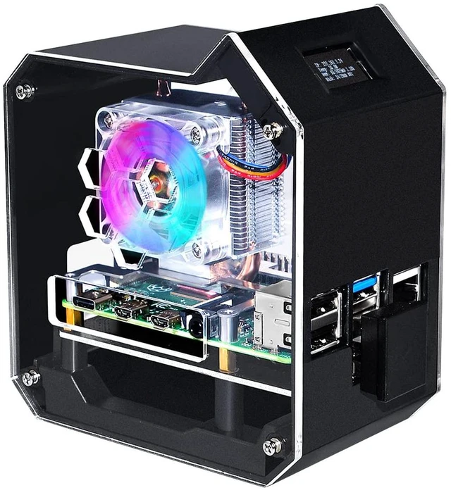 Main image of GeeekPi Mini Tower NAS Kit for Raspberry Pi, Pi ICE Tower Cooler with PWM RGB Fan, M.2 SATA SSD Expansion Board, GPIO 1 to 2 Expansion Board for Raspberry Pi 4 Model B