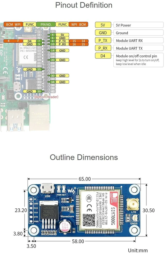 Alt view image 5 of 7 - Waveshare SIM7000G NB-IoT/Cat-M/Edge/GPRS HAT, Compatible with Raspberry Pi 5/4B/3B/Zero/Zero W/Zero 2W/Pico/Pico W/Pico WH, GNSS Positioning, Global Band Support
