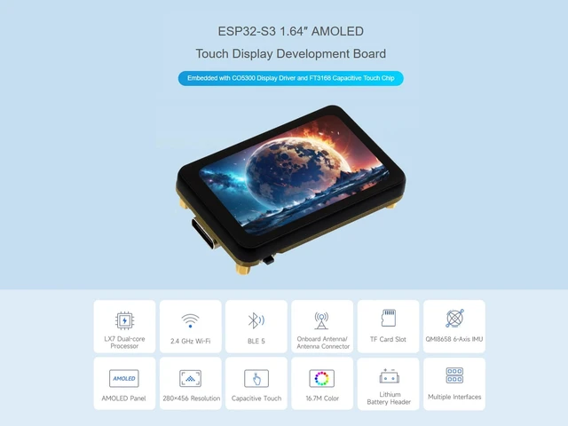 Alt view image 2 of 7 - ESP32-S3 1.64inch AMOLED Touch Display Development Board, 280×456 Resolution, 16.7M Color, QSPI Interface, Wi-Fi and BLE-5 Support, Onboard 6-Axis IMU, TF Card Slot, USB, UART, I2C, etc.