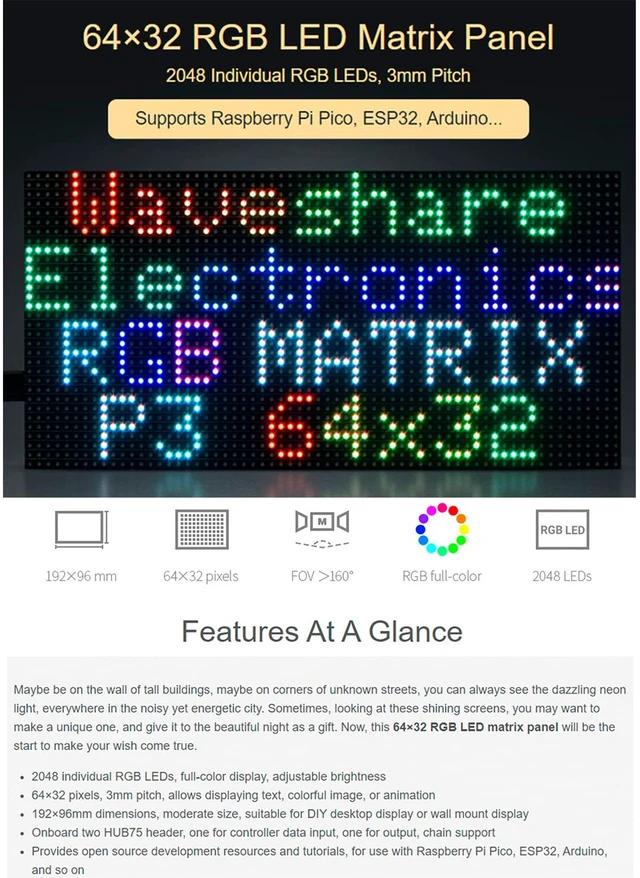 Alt view image 2 of 7 - RGB LED Matrix Panel 64×32, 2048 DOTS Pixels 3mm Pitch,Compatible with Arduino/Raspberry Pi Pico/ESP32,Allow Displaying Text, Colorful Image, Animation, Adjustable Brightness Chainable Design