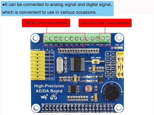 Alt view image 3 of 7 - High-Precision AD/DA Expansion Board for Raspberry Pi 4B/3B+/3B/2B/Zero/W/Zero WH and Jetson Nano,Add High-Precision AD/DA Functions to Pi. Onboard ADS1256 8-CH 24bit ADC and DAC8532 2-CH 16bit DAC