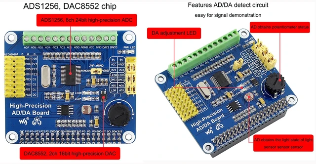 Alt view image 4 of 7 - High-Precision AD/DA Expansion Board for Raspberry Pi 4B/3B+/3B/2B/Zero/W/Zero WH and Jetson Nano,Add High-Precision AD/DA Functions to Pi. Onboard ADS1256 8-CH 24bit ADC and DAC8532 2-CH 16bit DAC