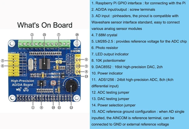 Alt view image 5 of 7 - High-Precision AD/DA Expansion Board for Raspberry Pi 4B/3B+/3B/2B/Zero/W/Zero WH and Jetson Nano,Add High-Precision AD/DA Functions to Pi. Onboard ADS1256 8-CH 24bit ADC and DAC8532 2-CH 16bit DAC