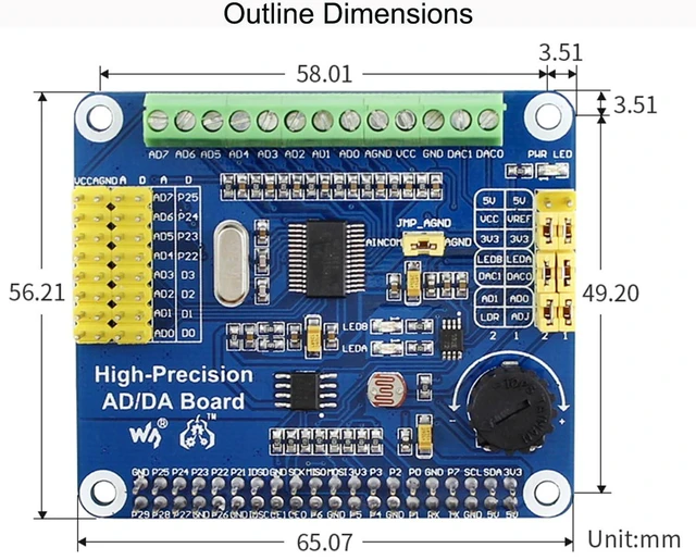 Alt view image 7 of 7 - High-Precision AD/DA Expansion Board for Raspberry Pi 4B/3B+/3B/2B/Zero/W/Zero WH and Jetson Nano,Add High-Precision AD/DA Functions to Pi. Onboard ADS1256 8-CH 24bit ADC and DAC8532 2-CH 16bit DAC