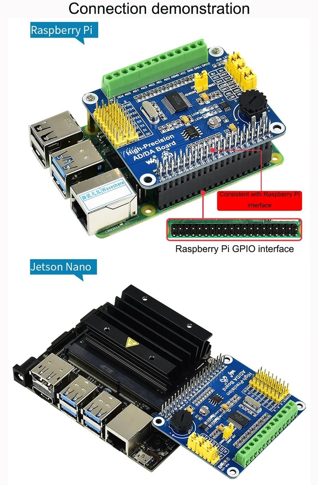 Alt view image 6 of 7 - High-Precision AD/DA Expansion Board for Raspberry Pi 4B/3B+/3B/2B/Zero/W/Zero WH and Jetson Nano,Add High-Precision AD/DA Functions to Pi. Onboard ADS1256 8-CH 24bit ADC and DAC8532 2-CH 16bit DAC