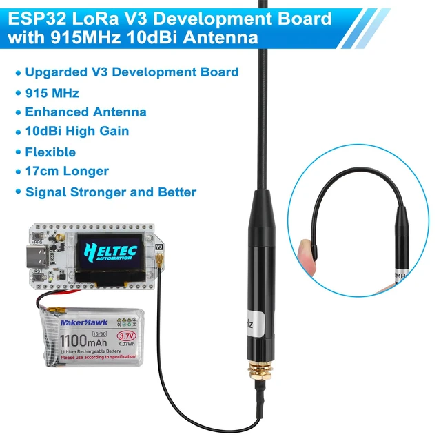 Alt view image 3 of 7 - ESP32 LoRa V3 Development Board with 915MHz Antenna and 1100mAh Battery - 10dBi Gain 17cm SMA Male Antenna SX1262 LoRa V3 Device and JST1.25 Battery Set for Meshtastic Ar duino LoRawan IOT