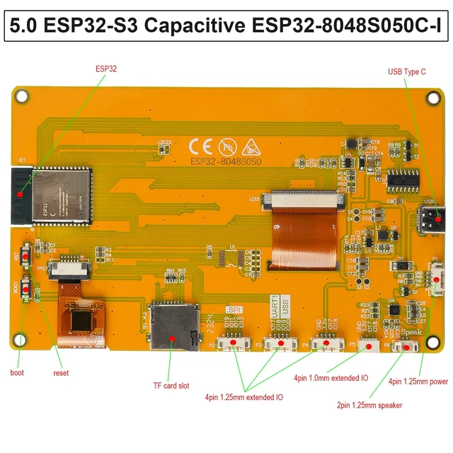 Alt view image 3 of 6 - DIYmalls 5.0 inch ESP32-S3 IPS Display Capacitive Touch Screen LCD 800x480 | DIYmalls 5 inch ESP32-S3 IPS Display ESP32-8048S050C_I TFT LCD Module 800x480 Capacitive Touch Screen Development Board