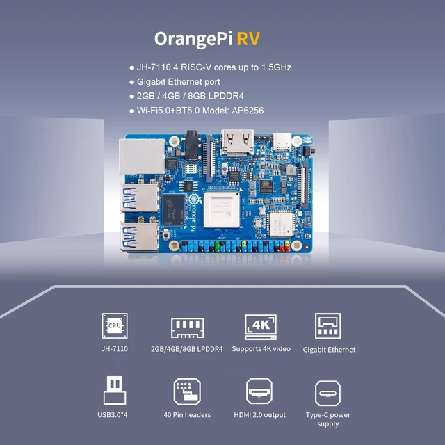 Alt view image 3 of 7 - Orange Pi RV 2GB/4GB/8GB LPDDR4 RISC-V Single Board Computer with StarFive JH7100 4-Core 64-Bit Processor, Wi-Fi 5.0/Bluetooth 5.0, Development Board Run Linux/Debian(4GB)