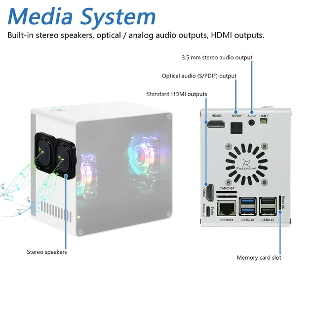 Alt view image 6 of 7 - Freenove NAS Case for Raspberry Pi 5 (NOT Included), Quad M.2 NVMe SSD Slots, PWM ARGB Fans Light Sync, CPU Tower Cooler, Built-in Stereo Speakers, 3.5 mm and Optical Audio (S/PDIF) Outputs