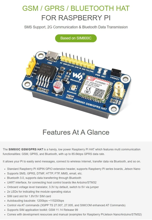 Alt view image 3 of 7 - Waveshare GSM/GPRS HAT, Compatible with Raspberry Pi 5/4B/3B/Zero/Zero W/Zero 2W/Pico/Pico W/Pico WH,Jetson Nano Based on SIM800C Support SMS Data Transfer ect, 2G Communication