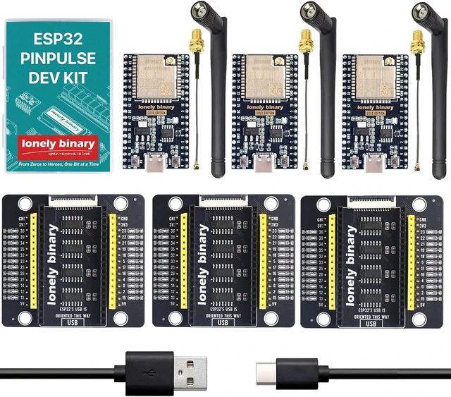 Main image of Lonely Binary 3-Pack ESP32 WROOM-32UE IPEX Antenna GPIO LED for C++ | PinPulse Shield - Extended WiFi/Bluetooth Range, Visual GPIO LEDs - Compatible with C++, MicroPython, ESP-IDF