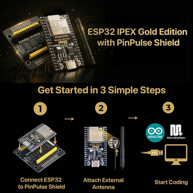 Alt view image 7 of 14 - Lonely Binary 3-Pack ESP32 WROOM-32UE IPEX Antenna GPIO LED for C++ | PinPulse Shield - Extended WiFi/Bluetooth Range, Visual GPIO LEDs - Compatible with C++, MicroPython, ESP-IDF