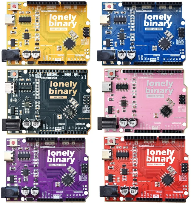 Main image of Lonely Binary 6-Pack UNO R3 ATmega328P USB-C Rainbow | Compatible with C++ & Python; 6 colors, ENIG; 16MHz, 32KB Flash; pre-soldered, 14 I/O + 6 analog; UNO shield compatible