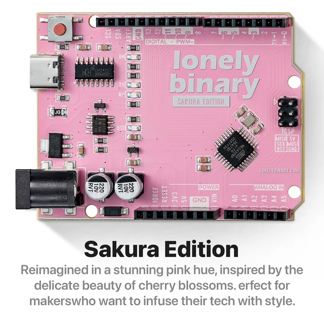 Alt view image 3 of 7 - Lonely Binary 6-Pack UNO R3 ATmega328P USB-C Rainbow | Compatible with C++ & Python; 6 colors, ENIG; 16MHz, 32KB Flash; pre-soldered, 14 I/O + 6 analog; UNO shield compatible
