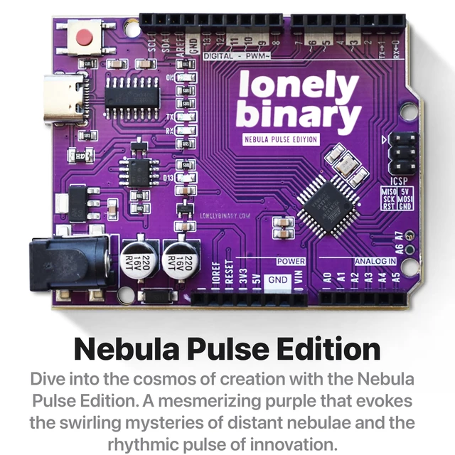 Alt view image 4 of 7 - Lonely Binary 6-Pack UNO R3 ATmega328P USB-C Rainbow | Compatible with C++ & Python; 6 colors, ENIG; 16MHz, 32KB Flash; pre-soldered, 14 I/O + 6 analog; UNO shield compatible