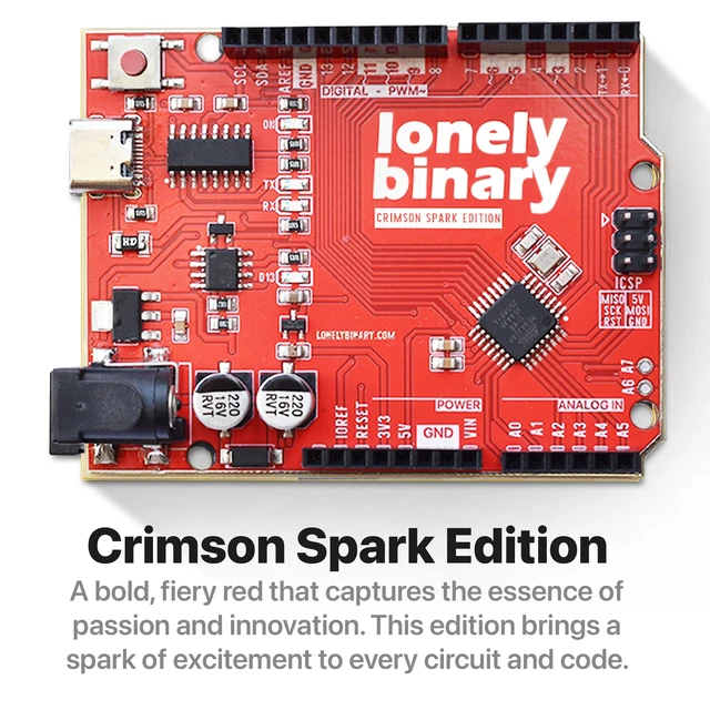 Alt view image 5 of 7 - Lonely Binary 6-Pack UNO R3 ATmega328P USB-C Rainbow | Compatible with C++ & Python; 6 colors, ENIG; 16MHz, 32KB Flash; pre-soldered, 14 I/O + 6 analog; UNO shield compatible