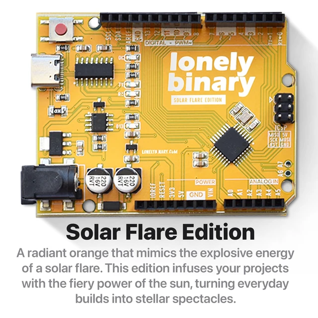 Alt view image 7 of 7 - Lonely Binary 6-Pack UNO R3 ATmega328P USB-C Rainbow | Compatible with C++ & Python; 6 colors, ENIG; 16MHz, 32KB Flash; pre-soldered, 14 I/O + 6 analog; UNO shield compatible