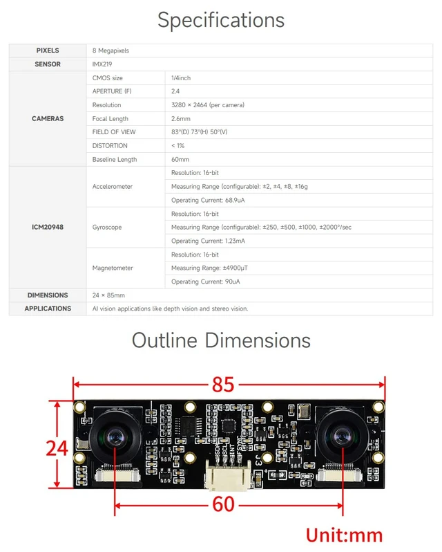 Alt view image 4 of 7 - Waveshare Binocular Camera Module, Compatible with Raspberry Pi 5, Dual IMX219, 8 Megapixels, Stereo Vision, Depth Vision