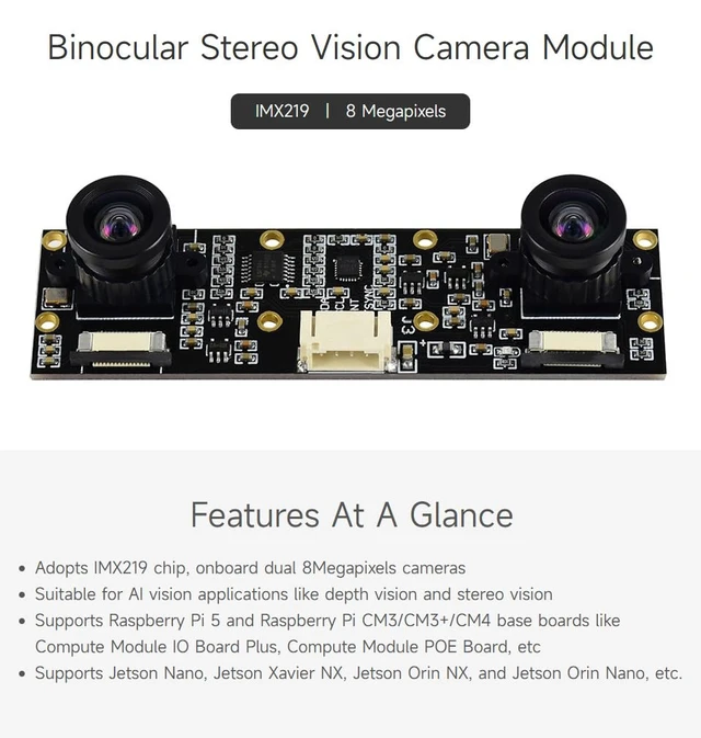 Alt view image 3 of 7 - Waveshare Binocular Camera Module, Compatible with Raspberry Pi 5, Dual IMX219, 8 Megapixels, Stereo Vision, Depth Vision