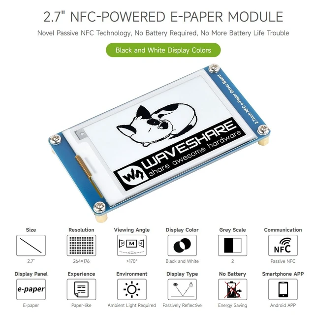 Alt view image 3 of 7 - Waveshare 2PCS 2.7inch Passive-Powered E-Paper Module, Novel Passive NFC Technology, No Battery Required, No More Battery Life Trouble, Black and White Display Colors