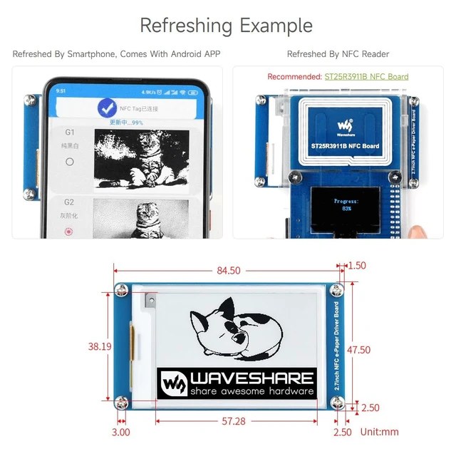 Alt view image 6 of 7 - Waveshare 2PCS 2.7inch Passive-Powered E-Paper Module, Novel Passive NFC Technology, No Battery Required, No More Battery Life Trouble, Black and White Display Colors