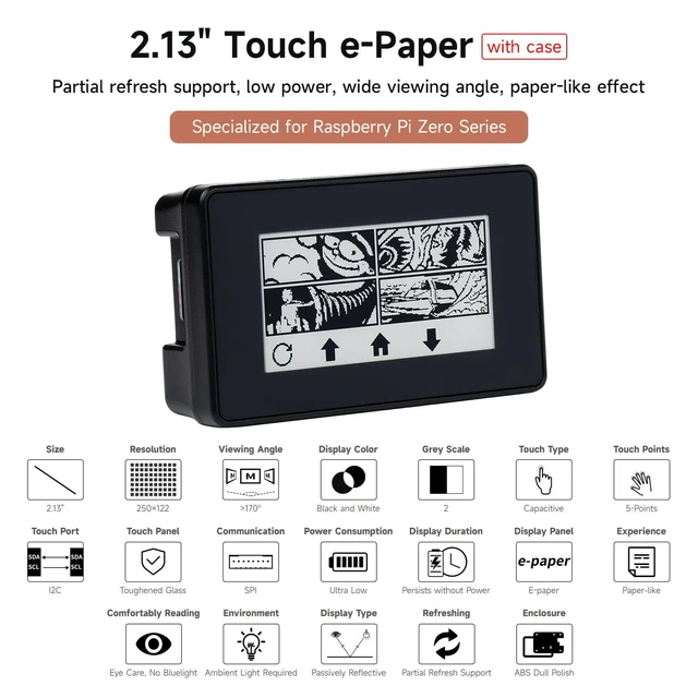 Alt view image 3 of 7 - Waveshare 2.13inch Touch E-Paper E-Ink Display HAT Compatible with Raspberry Pi Zero/Zero W 250×122 Pixels with ABS Protection Case Supports Partial Refresh