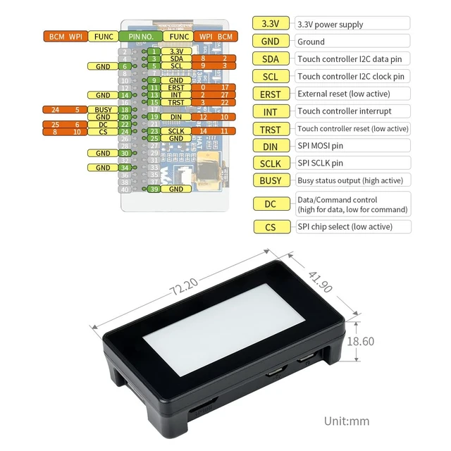 Alt view image 6 of 7 - Waveshare 2.13inch Touch E-Paper E-Ink Display HAT Compatible with Raspberry Pi Zero/Zero W 250×122 Pixels with ABS Protection Case Supports Partial Refresh