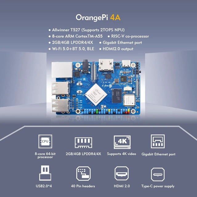 Alt view image 3 of 7 - Orange Pi 4A 2GB/4GB Allwinner T527 with RISC-V Coprocessor Single Board Computer with eMMC Socket, Support WiFi 5/BT5.0, Development Board Run Ubuntu/Debian/Android 13 (4GB)
