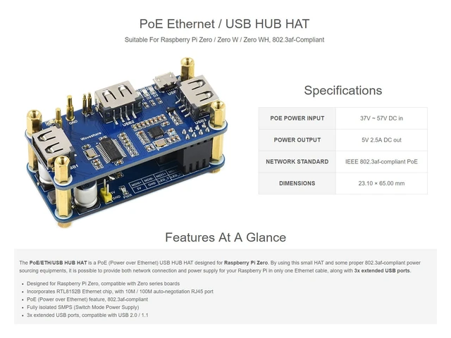 Alt view image 4 of 7 - Waveshare PoE Ethernet/USB HUB HAT, Compatible with Raspberry Pi Zero/Zero W/4B/3B/3B+, 3X USB 2.0 Ports, 802.3af-Compliant