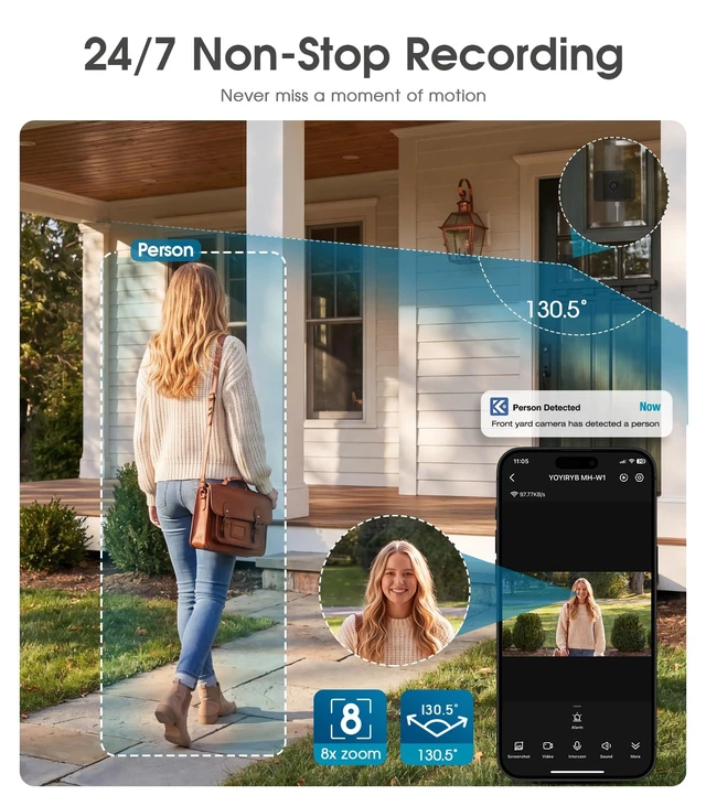 Alt view image 6 of 7 - 5MP Window Security Camera, 2" Screen, Motion-Wake, Full-Color Night Vision | Person & Motion Detection, Anti-Glare, 8x Zoom, Fast Bluetooth Pairing, 2.4/5GHz Wi-Fi 6, 24/7 Recording