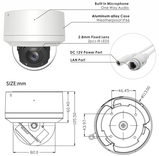 Alt view image 2 of 7 - Inwerang 4K 2.5'' PoE PTZ IP Camera with Mic/Audio, Pan 0~355° Tilt 0~90° | 8MP IP Dome Security Camera, Waterproof IP66, 60ft IR night vision, 2.8mm Lens, Compatible with third-part NVRs Softwares