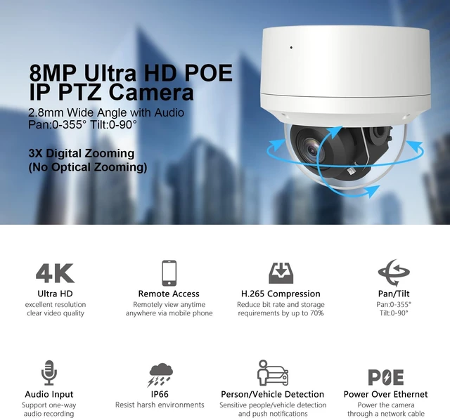 Alt view image 3 of 7 - Inwerang 4K 2.5'' PoE PTZ IP Camera with Mic/Audio, Pan 0~355° Tilt 0~90° | 8MP IP Dome Security Camera, Waterproof IP66, 60ft IR night vision, 2.8mm Lens, Compatible with third-part NVRs Softwares