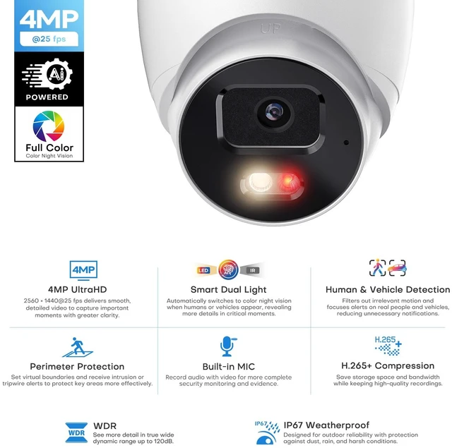 Alt view image 2 of 7 - 4MP PoE Outdoor IP Camera AI Detection Smart Dual Light IP67 Audio | DMSS APPTripwire & IntrusionHuman & Vehicle DetectionBuilt-in MicH.265+Supports 256GB microSD Full Metal Reset Button