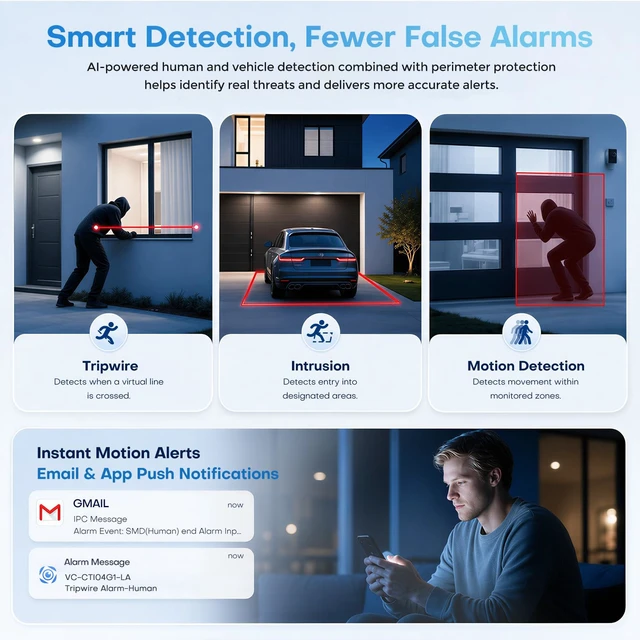 Alt view image 3 of 7 - 4MP PoE Outdoor IP Camera AI Detection Smart Dual Light IP67 Audio | DMSS APPTripwire & IntrusionHuman & Vehicle DetectionBuilt-in MicH.265+Supports 256GB microSD Full Metal Reset Button