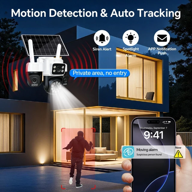 Alt view image 5 of 7 - Lens Solar Security Cameras, 8MP 4G Cameras for Home Security, No WiFi | 4 Lens Cameras Outdoor Wireless, 360° View Pan/Tilt, 12000mAh Battery, Color Night Vision, AI Motion Detection, Auto Tracking