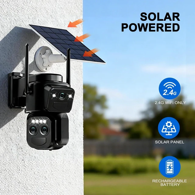 Alt view image 2 of 7 - 4K Triple Lens Solar Security Cameras Wireless Outdoor, 360° Pan/Tilt | Color Night Vision, PIR Motion Detection, Spotlight Siren, 2-Way Audio, Waterproof, Easy to Install, 2.4G WiFi