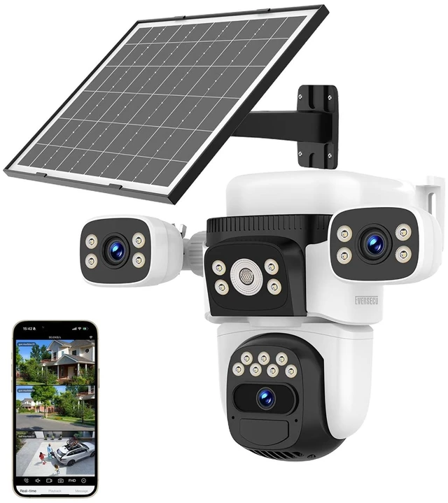 Main image of EVERSECU Solar Wireless Triple Lens WiFi PTZ Security Camera, Three Cameras in One, Side Cameras with Adjustable All-Angle Arm, 2K 360° View No Blind Spot, Auto Tracking, Spotlight, 2 Way Audio