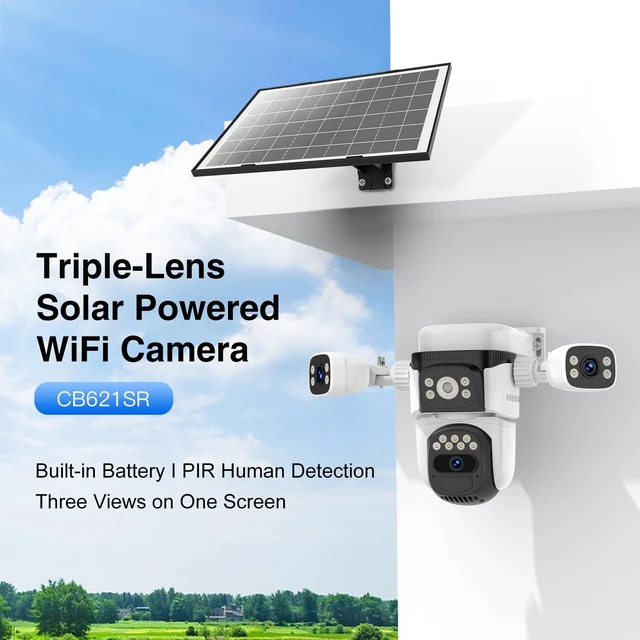 Alt view image 2 of 7 - EVERSECU Solar Wireless Triple Lens WiFi PTZ Security Camera, Three Cameras in One, Side Cameras with Adjustable All-Angle Arm, 2K 360° View No Blind Spot, Auto Tracking, Spotlight, 2 Way Audio
