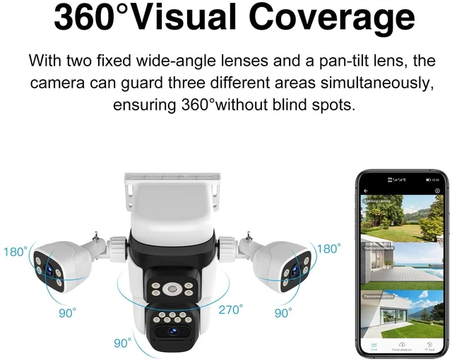 Alt view image 6 of 7 - EVERSECU Solar Wireless Triple Lens WiFi PTZ Security Camera, Three Cameras in One, Side Cameras with Adjustable All-Angle Arm, 2K 360° View No Blind Spot, Auto Tracking, Spotlight, 2 Way Audio