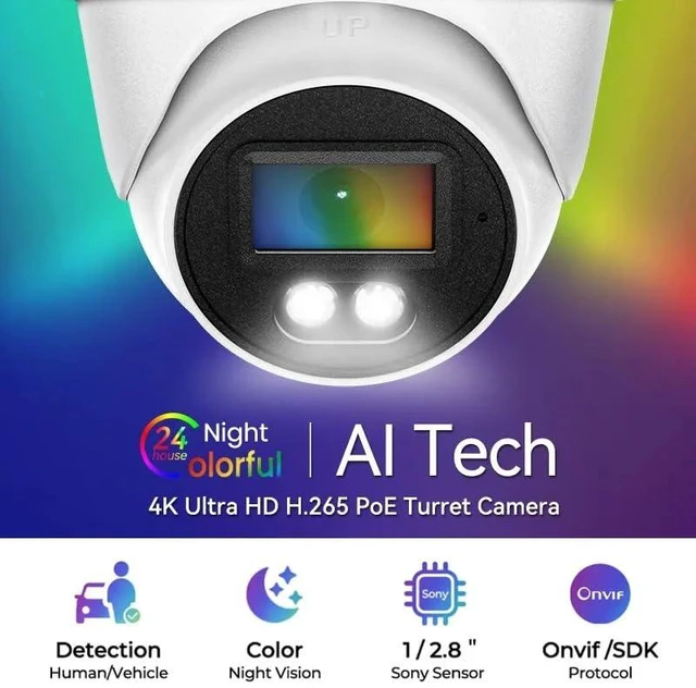 Alt view image 2 of 7 - Auview 4K PoE Security Camera, 8MP IP Turret Dome, Big Sensor, Built-in Microphone, Smart Dual-Light Color Night Vision, IP67 Outdoor/Indoor, NDAA Compliant, ONVIF Compatible