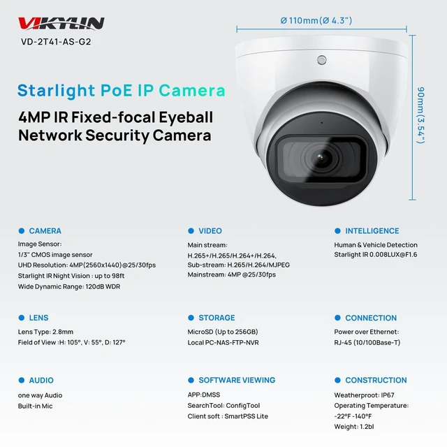 Alt view image 2 of 7 - VIKYLIN 4MP PoE IP Camera,DMSS/SmartPss Lite,Starlight 0.006Lux@F1.6 | Dome/Turret Security Camera with IVS,2.8mm Lens 164ft IR Night Vision, Built-in Mic, AI Human Vehicle Detection, IP67