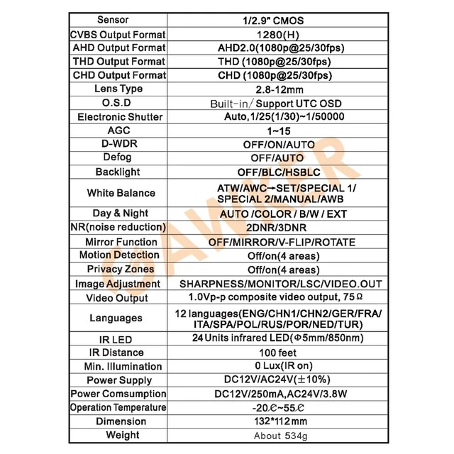 Alt view image 4 of 4 - GAWKER G1083PDIR Dome CCTV Security Camera, 1080P HD-TVI/AHD/CVI and CVBS(Default) Video Out switchable, True Day&Night, IP66 Vandal Proof, 2.8-12mm Lens, IR Smart, DC12V/AC24V.