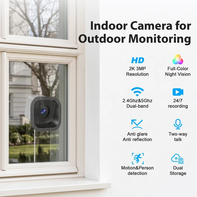 Alt view image 2 of 7 - Carltec No Drill 2K Window Security Camera, Starlight Color Night Vision, Anti-Glare Anti-Reflection, 2.4GHz&5GHz WiFi Indoor Camera for Outdoor Monitoring,24/7 Recording,Local & Cloud Storage